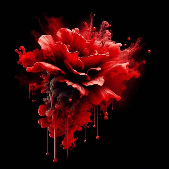 A dramatic abstract artwork of a red flower with smoke-like flowing forms on a dark background, AI
