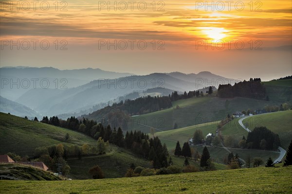 Hilly landscape, sunset, view from Schauinsland into Muenstertal, near Freiburg im Breisgau, Black