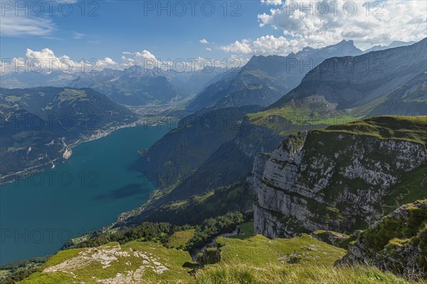 View from Niederbauen Kulm (1923m) to Flueelen and Altdorf, Lake Lucerne, Canton Uri, Switzerland,