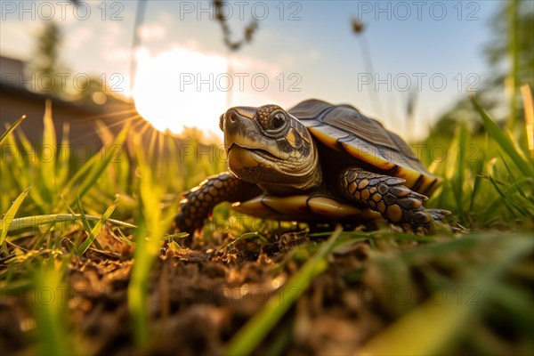 A cute little turtle crawls in grass, illuminated by the golden rays of the setting sun, AI