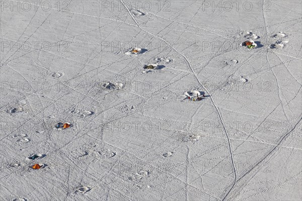 Mountaineers in tent camp on glacier, base camp, Mont Blanc massif, French Alps, Chamonix, France,
