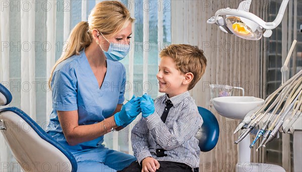 AI generated, dentist treats little boy, dentist, blonde, 30, 35, years, dental treatment,