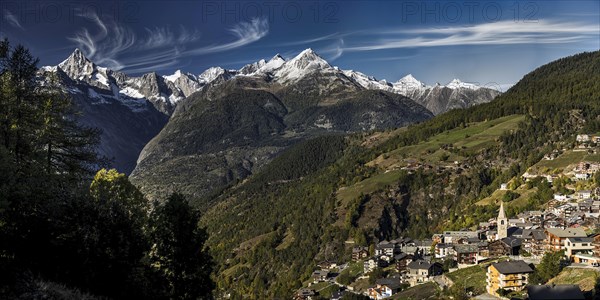 Visperterminen with the Bietschhorn in the Swiss Alps, idyll, idyllic, summer, mountain village,