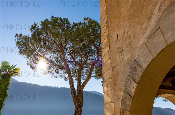 Old Beautiful Building and Trees on a Sunny Day with Blue Clear Sky and Mountain in Morcote,
