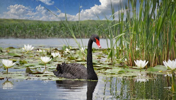Ai generated, animal, animals, bird, birds, biotope, habitat, a, individual, swims, waters, reeds,