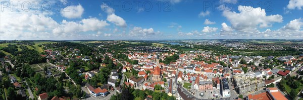 Aerial view of Dingolfing with a view of the historic town centre. Dingolfing, Lower Bavaria,