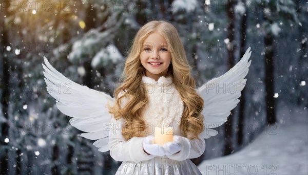 AI generated, girl, angel, winter, snow, ice, firs, snowy, snowflakes, winter landscape, costume,
