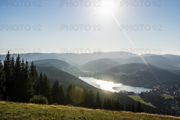 View from Hochfirst to Titisee and Feldberg, sunset, near Neustadt, Black Forest,