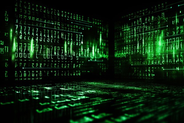 Green dynamic digital data streams, showcasing flowing lines of code in a mesmerizing pattern,