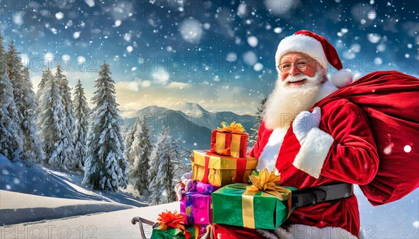 AI generated, man, 70+, Father Christmas, red coat, backpack, full beard, winter, snow, ice, fir