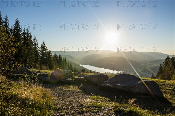 View from Hochfirst to Titisee and Feldberg, sunset, near Neustadt, Black Forest,