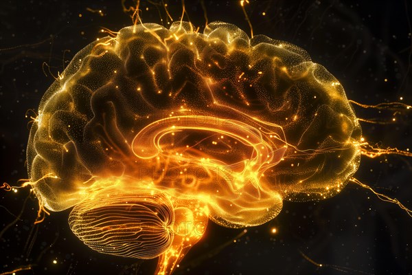 A glowing brain in orange and yellow tones symbolising electrical activity, AI generated, AI