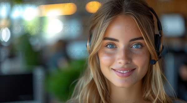 Approachable and professional woman wearing a headset, underscored by a modern office's warm