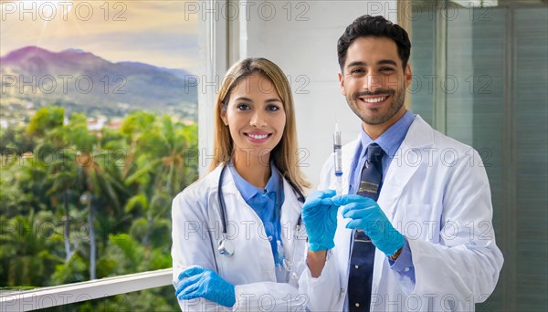 Ai generated, RF, woman, woman, man, men, doctor, female doctor, two, 30-35, years, attractive,