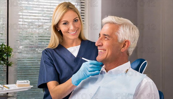 AI generated, dentist treats an attractive older man, senior, seniors, 65, dentist, blonde, 30, 35,
