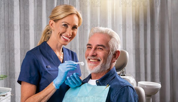AI generated, dentist treats an attractive older man, senior, seniors, 65, dentist, blonde, 30, 35,