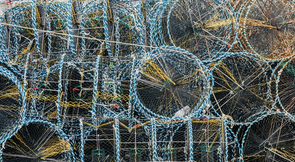 Closeup of crab cages used to bait, lure, and catch crabs for commercial or recreational use in