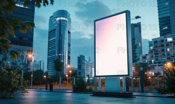 Blank street billboard on city street. Mock up of vertical advertising stand in the street AI