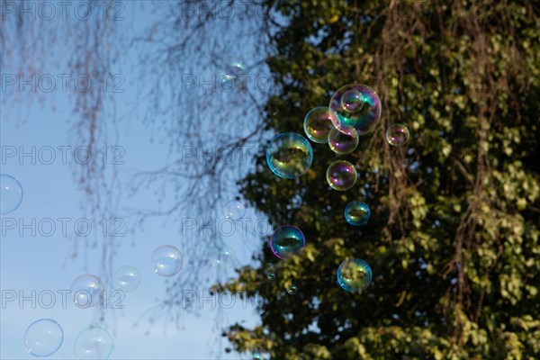 Soap bubbles of several coloured films of soapy water next to each other in front of a blue sky and