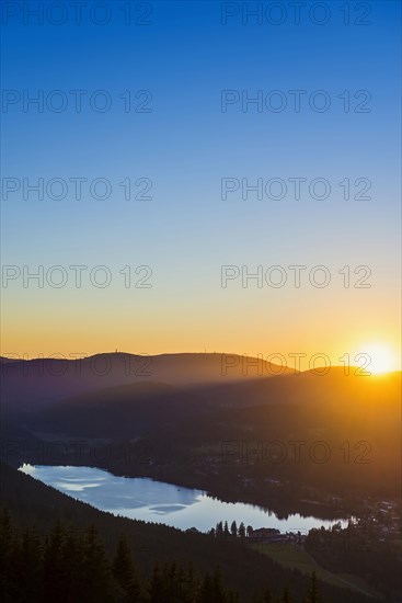 View from Hochfirst to Titisee and Feldberg, sunset, near Neustadt, Black Forest,