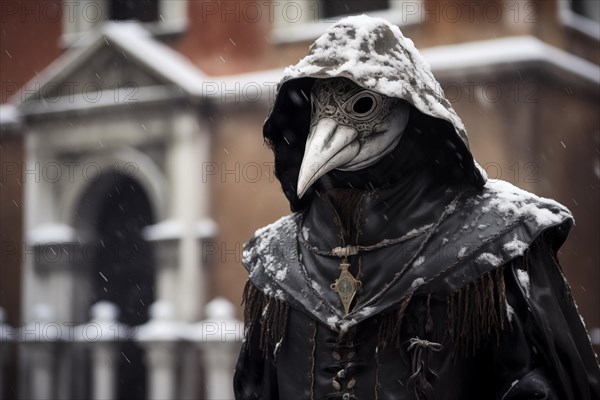 Person dressed as a plague doctor, adorned with the iconic crow mask, amidst the snowfall at the