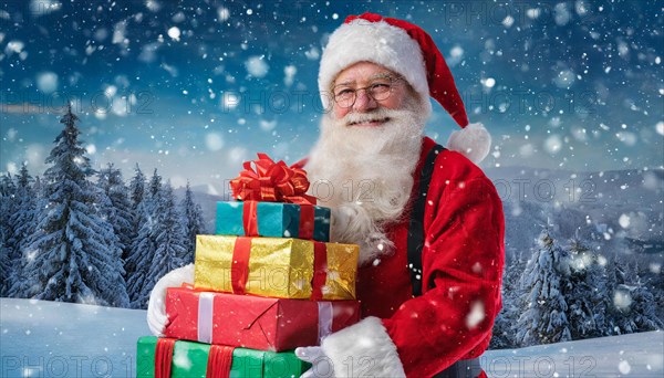 AI generated, man, 70+, Father Christmas, red coat, backpack, full beard, winter, snow, ice, fir