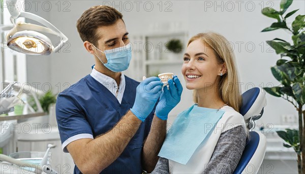 AI generated, A dentist treats a young woman, Blonde, 30, 35, years, Dental treatment, Follow-up