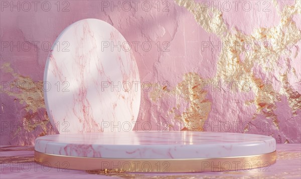 Pink marble podium with shadow of leaves and rose quartz texture background AI generated