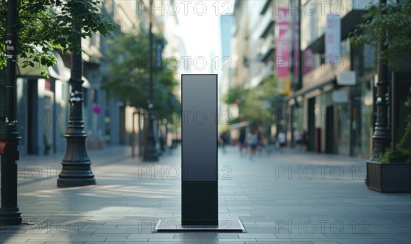 Blank street billboard on city street. Mock up of vertical advertising stand in the street AI