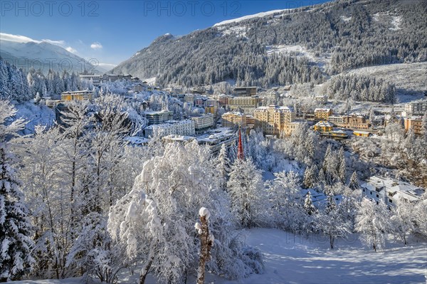 Snow-covered winter panorama of the village, Bad Gastein, Gastein Valley, Hohe Tauern National