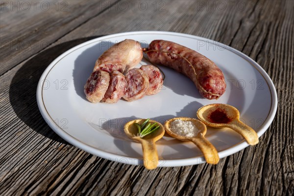 A Plate with Luganighe Sausage and with Species in Spoon Like Saffron and Parmesan Cheese and