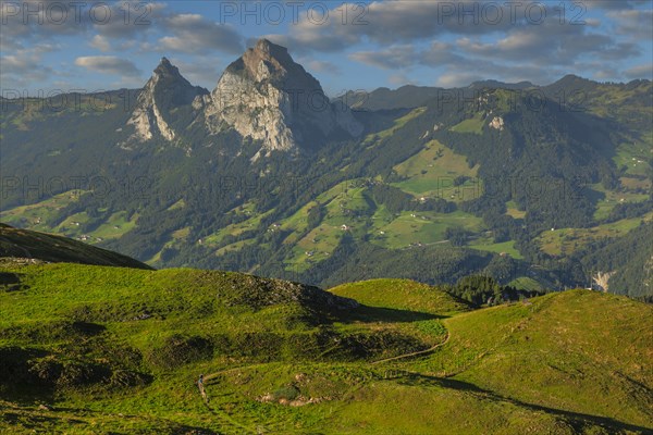 View from Fronalpstock to the Little and Great Mythen, Schyz Alps, Canton Schwyz, Switzerland,