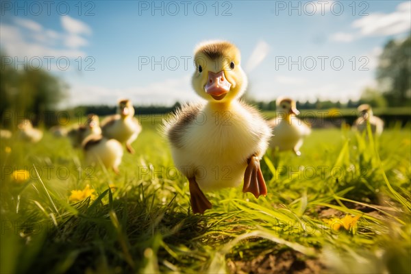 A close-up of a cute duckling standing in a sunlit meadow, with other ducklings and wildflowers in
