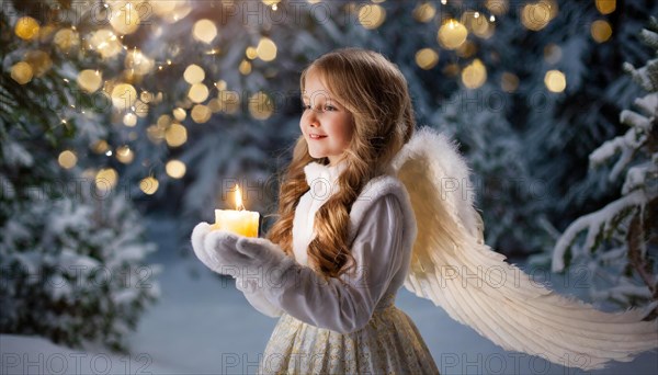 AI generated, girl, angel, winter, snow, ice, firs, snowy, snowflakes, winter landscape, costume,