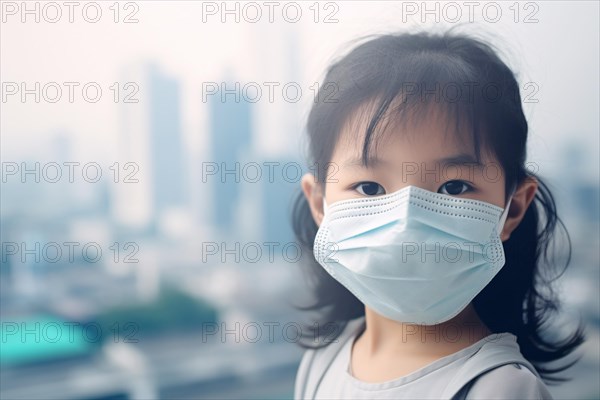 Young Asian woman with medical mask with city covered in smog in background. Air pollution concept.