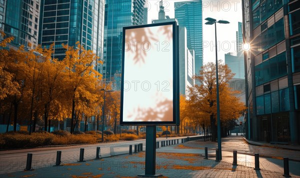Blank street billboard on city street. Mock up of vertical advertising stand in the street AI