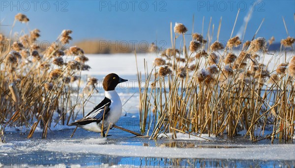 Ai generated, animal, animals, bird, birds, biotope, habitat, a, individual, swims, water, reeds,