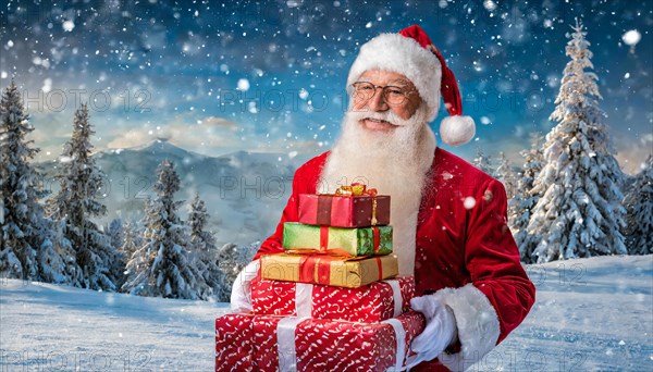 AI generated, man, 70+, Father Christmas, red coat, backpack, full beard, winter, snow, ice, fir