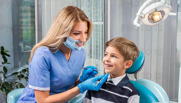 AI generated, dentist treats little boy, dentist, blonde, 30, 35, years, dental treatment,