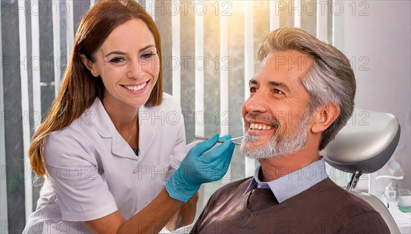 AI generated, dentist treats an attractive older man, senior, seniors, 65, dentist, blonde, 30, 35,