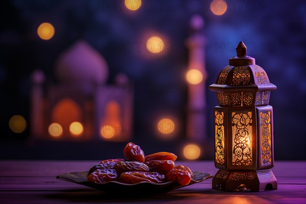Ramadan lantern to a plate of succulent figs in violet purple tones with mosque, set on an ornate