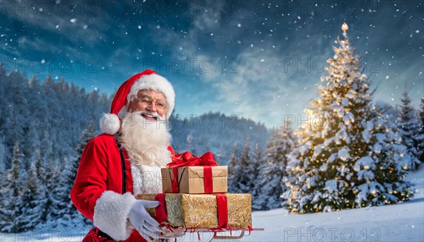 AI generated, man, 70+, Father Christmas, red coat, backpack, full beard, winter, snow, ice, fir