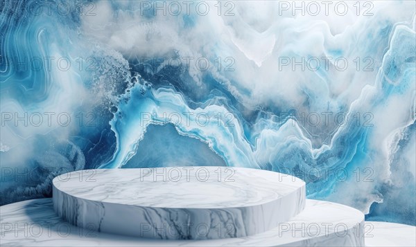 White marble podium and blue marble texture background. White marble podium and blue geode textured