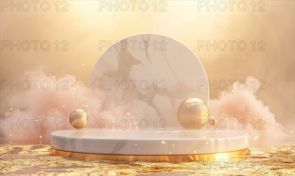 Podium for product presentation. Abstract background with empty round stage with gold decoration