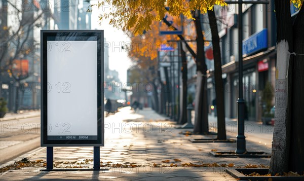 Blank street billboard on city street. Mock up of vertical advertising stand in the street AI