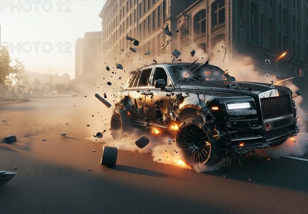 A british luxury SUV full of big caliber bullet holes is airborne amidst a chaotic scene of flying