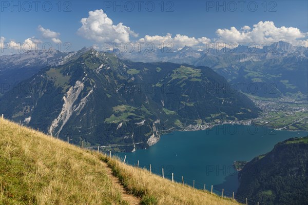 View from Niederbauen Kulm (1923m) to Bristenstock and Flueelen, Lake Lucerne, Canton Uri,