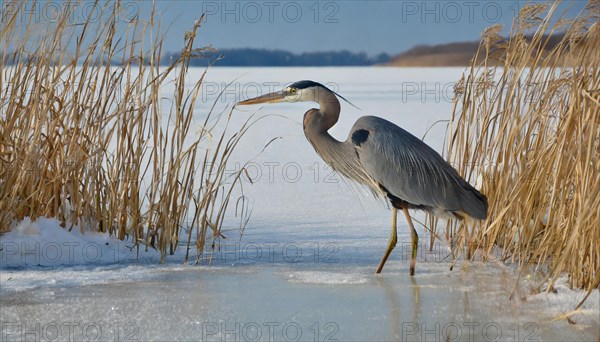 KI generated, animal, animals, bird, birds, biotope, habitat, one, individual, water, reed, winter,