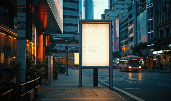 Blank street billboard on city street. Mock up of vertical advertising stand in the street AI