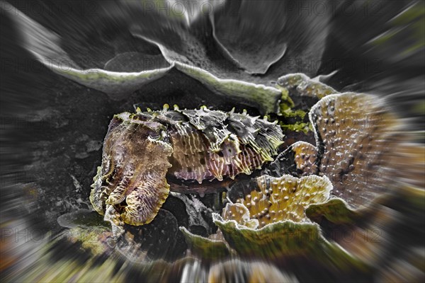 Zoom effect, broadclub cuttlefish (Sepia latimanus), Wakatobi Dive Resort, Sulawesi, Indonesia,